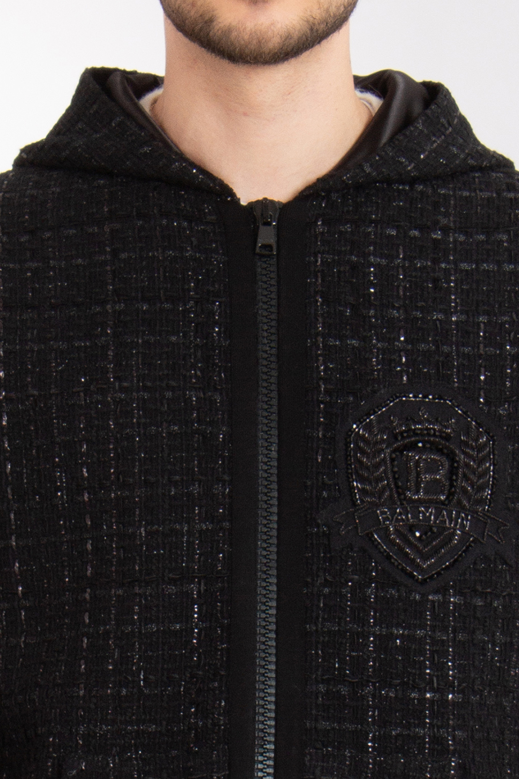 BALMAIN Cotton Blend Tweed Zip-Up Hoodie BALMAIN Cotton Blend Tweed Zip-Up Hoodie
