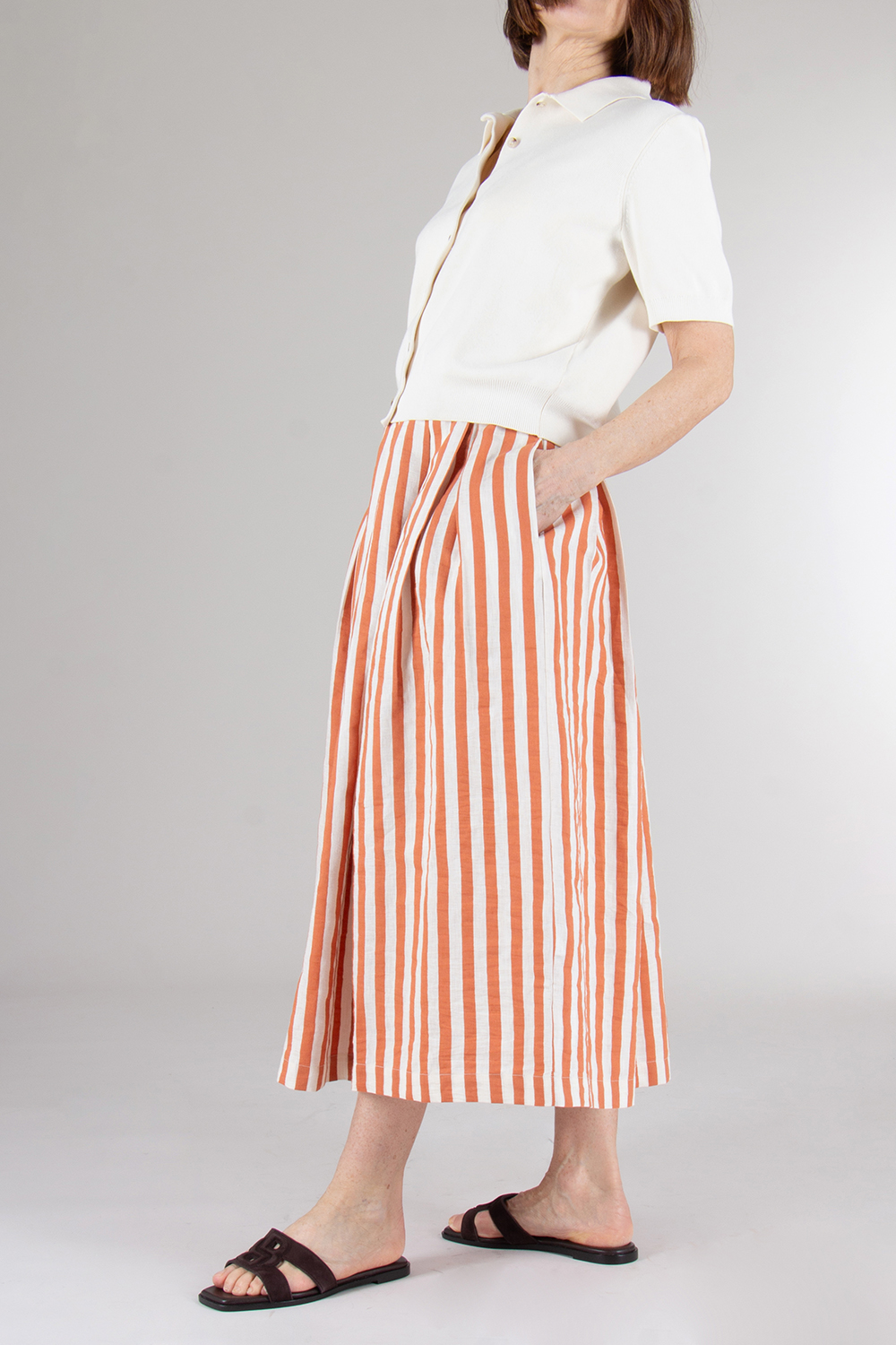 0039 ITALY Striped Linen Blend Flared Skirt Kylie