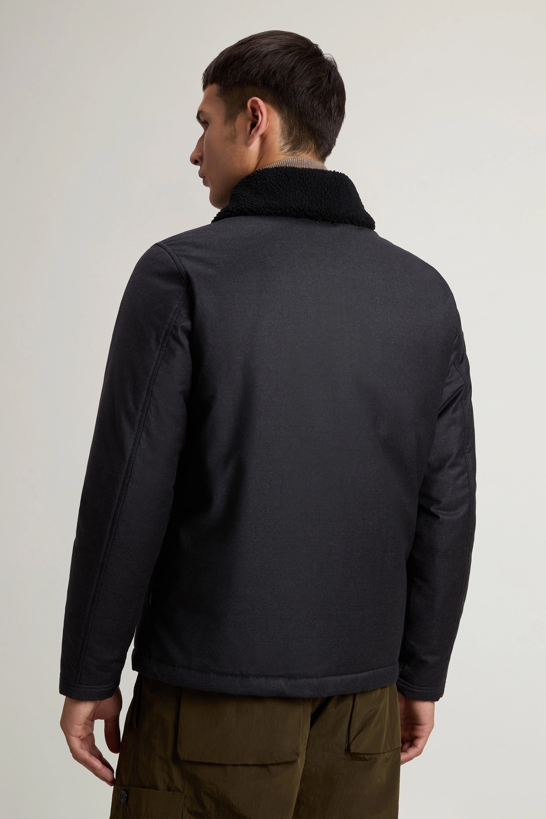 WOOLRICH Regular Fit Green Storm System Virgin Wool-Silk Blend Stag Down Jacket Mantel, Jacke, Langarm, Fleece, Person