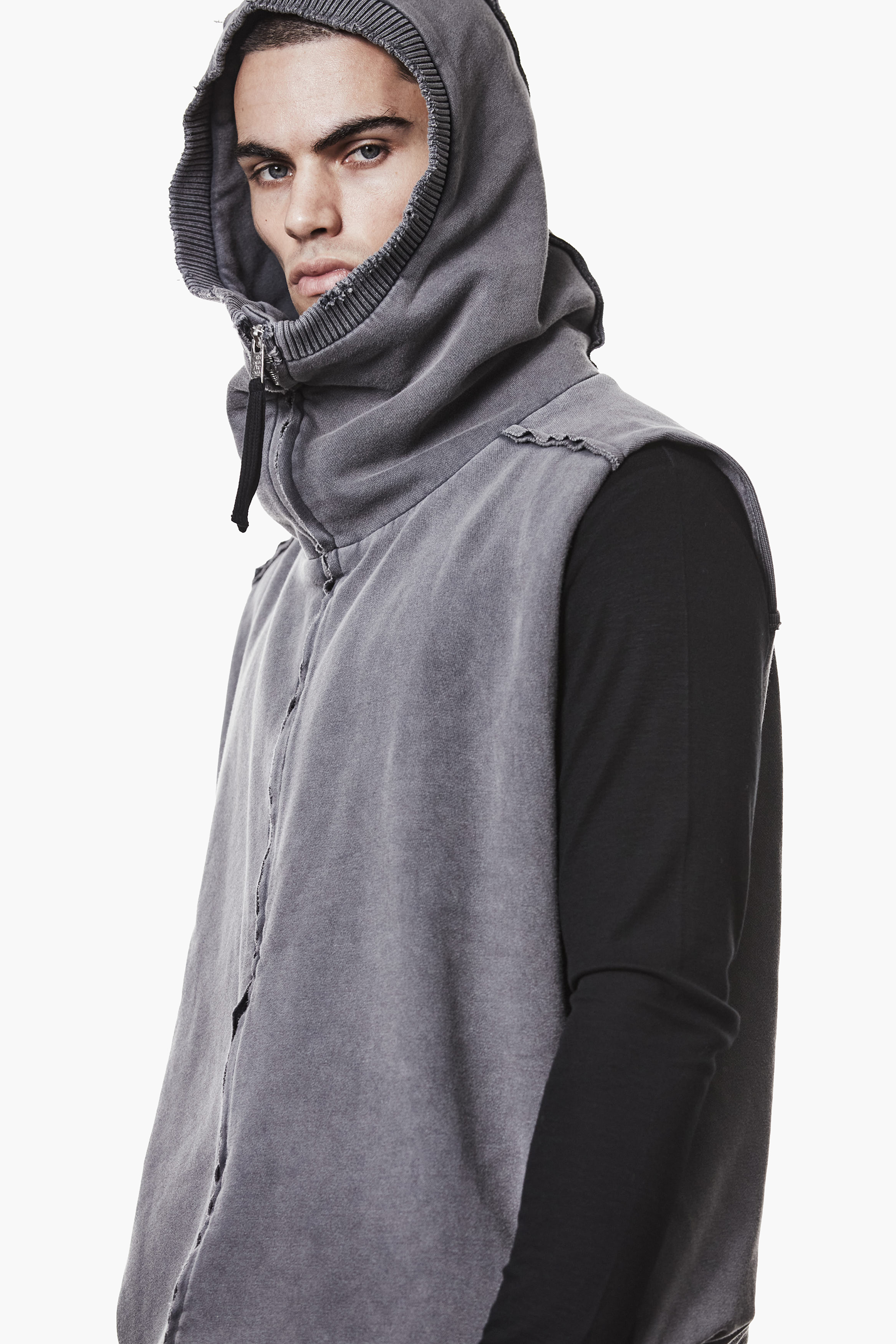 THOM KROM Loose Fit Cotton Blend Sweat Hooded Long Vest Kapuze, Kapuzenpulli, Pullover, Sweatshirt, Fleece