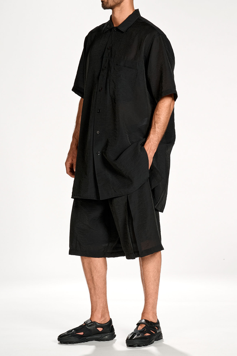 Y-3 Oversized Long Fit Viscose-Nylon-Linen Sport Uniform Short-Sleeve Shirt