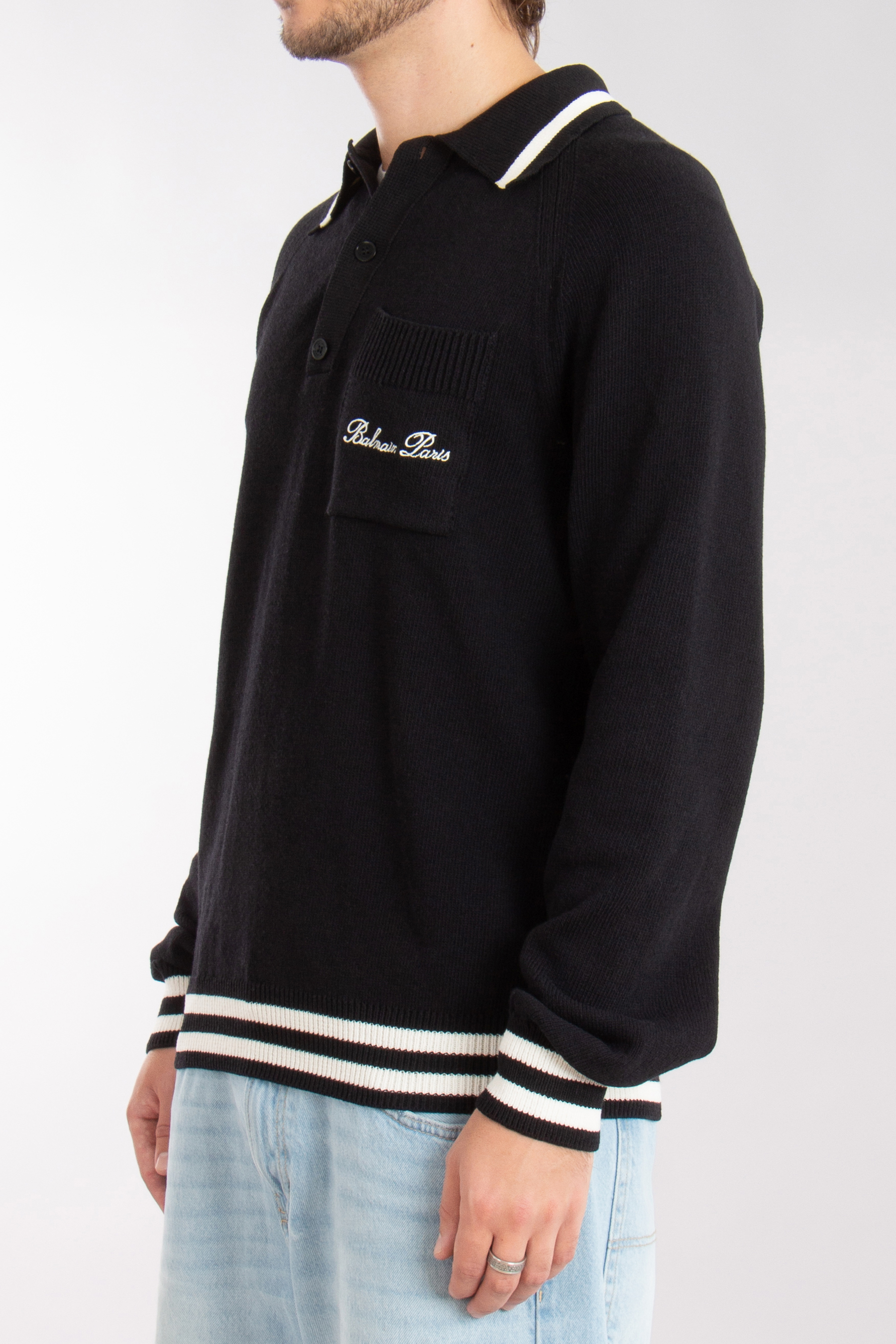 BALMAIN Lyocell-Cotton-Blend Long Sleeve Knit Polo BALMAIN Lyocell-Cotton-Blend Long Sleeve Knit Polo