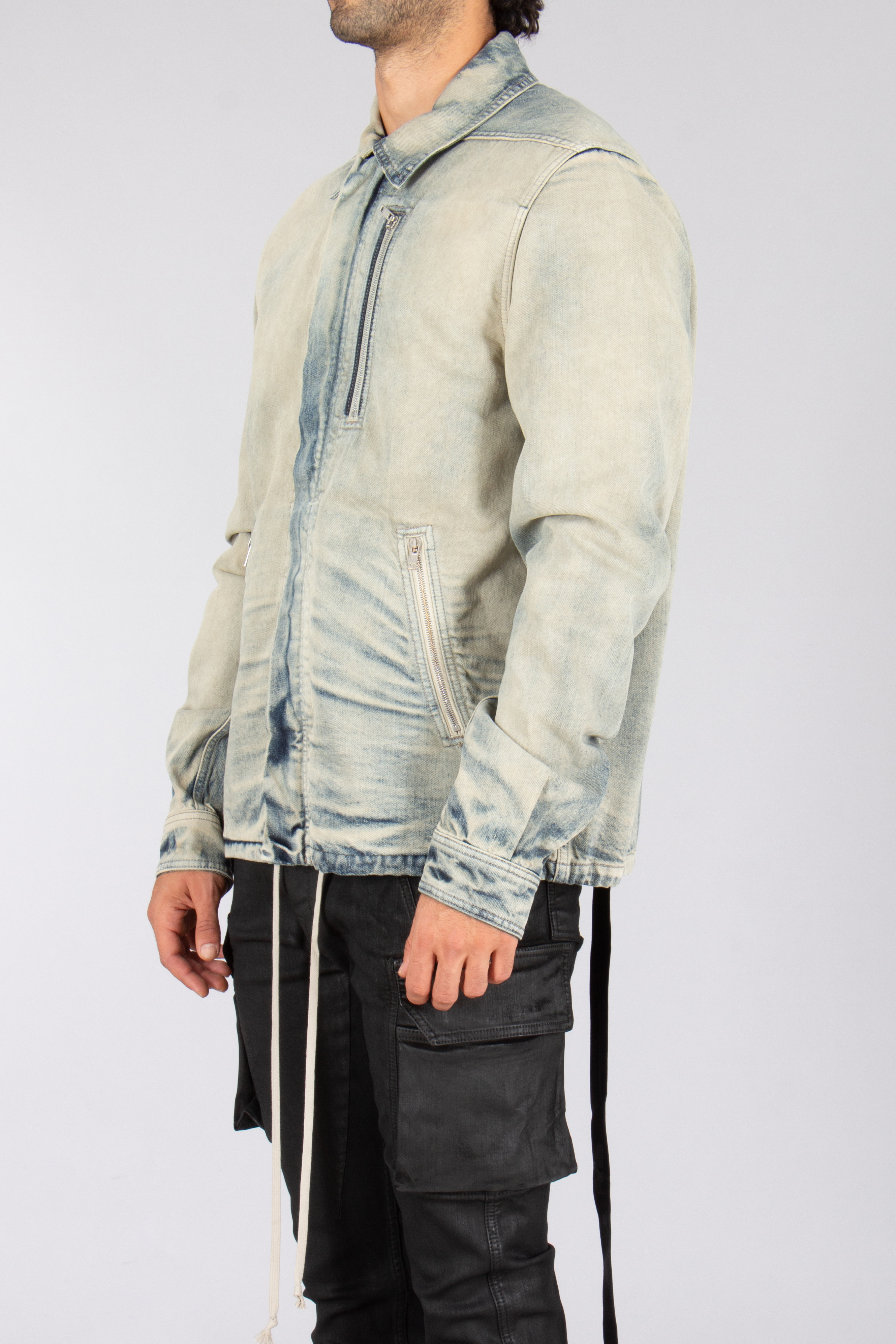 RICK OWENS DRKSHDW Regular Fit Mineral Pearl Cotton Denim Concealed Zipfront Jacket RICK OWENS DRKSHDW Regular Fit Mineral Pearl Cotton Denim Concealed Zipfront Jacket