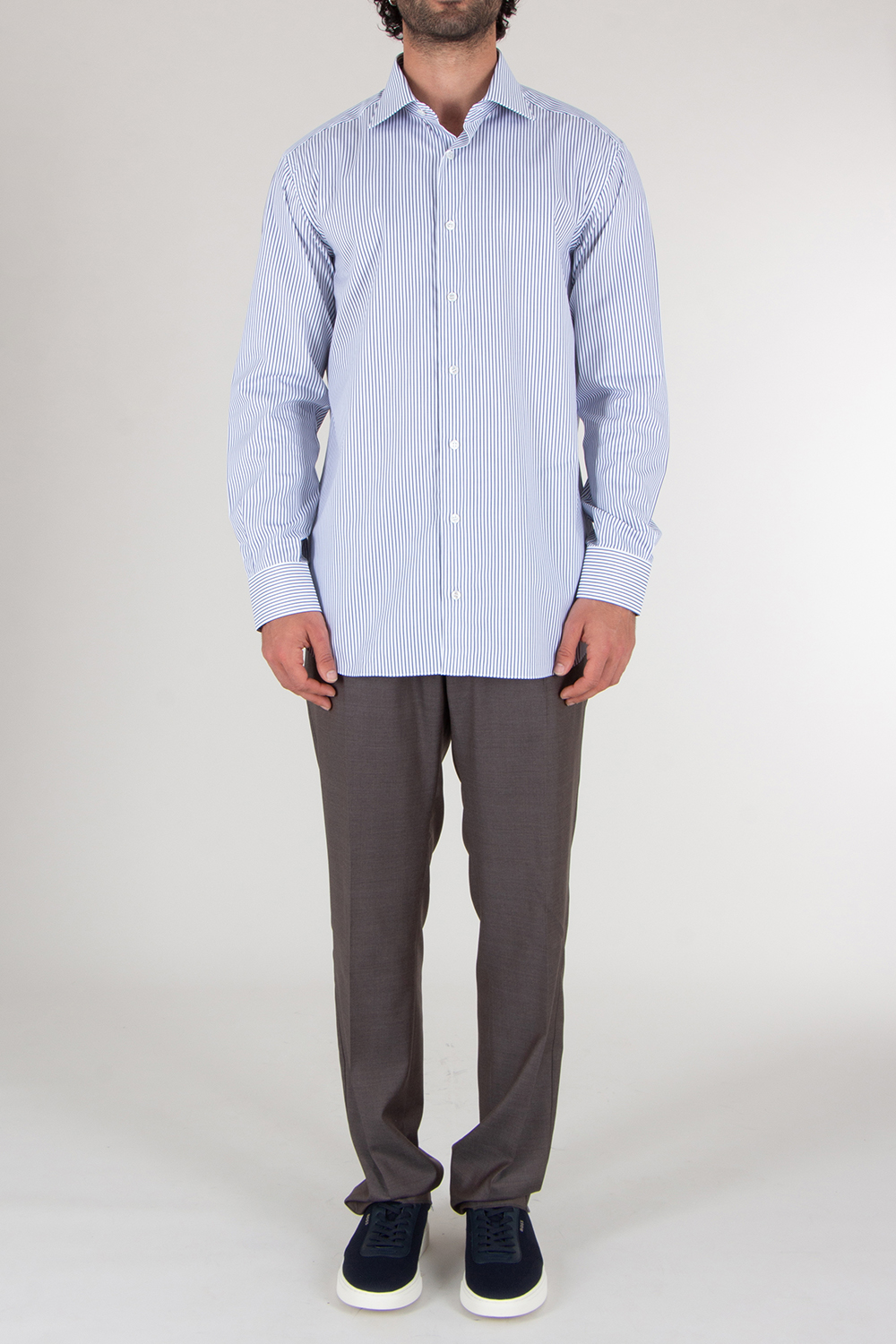 BRIONI Striped Cotton Shark Collar Shirt