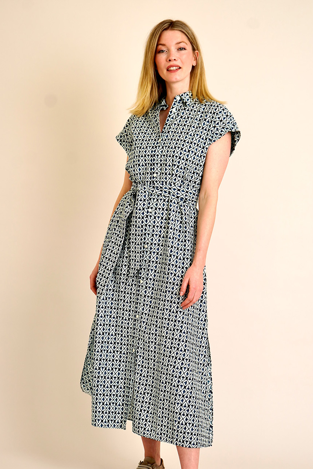 WOOLRICH Long Belted Cap Sleeve Printed Shirt Dress 