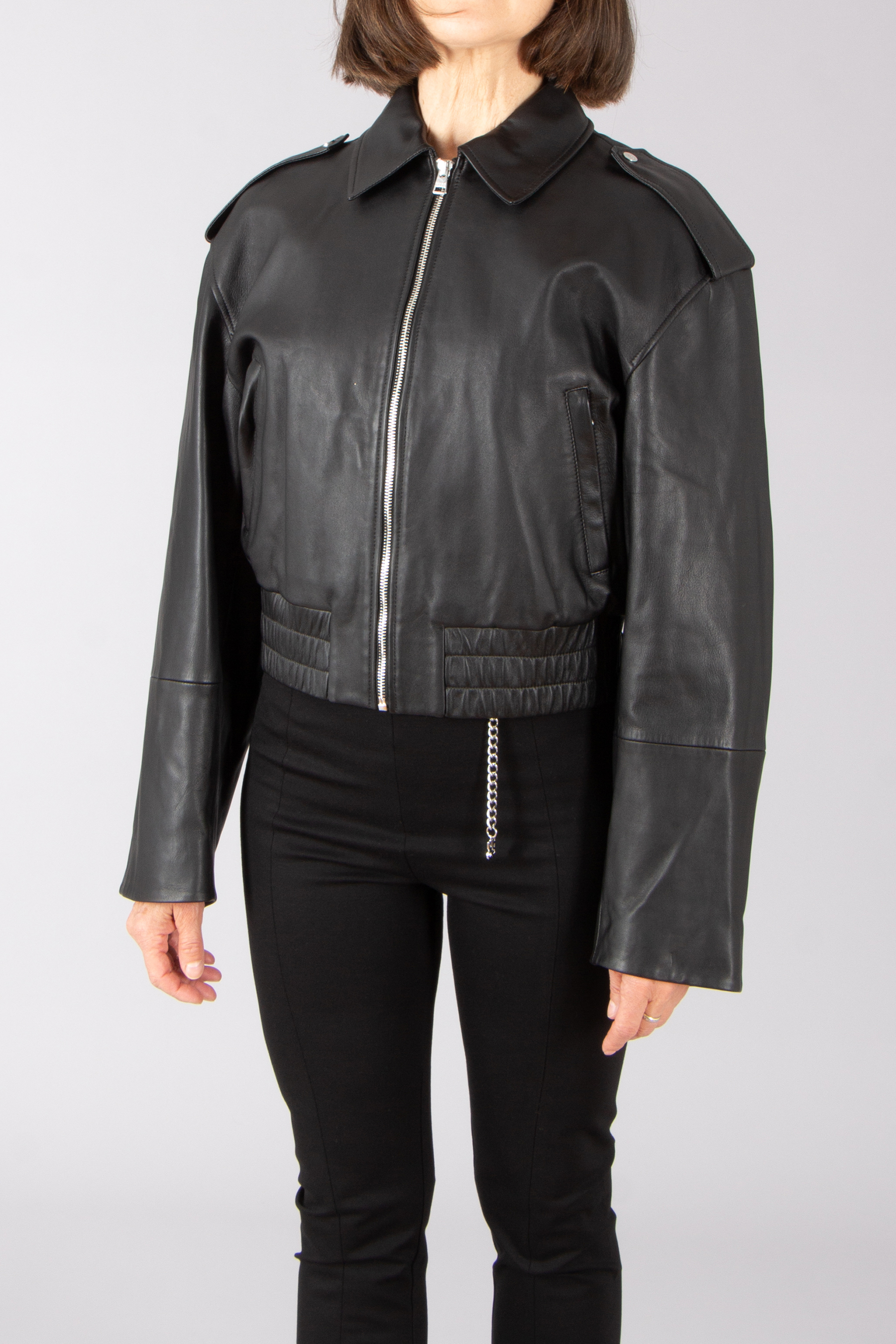 HUGO Relaxed Fit Cropped Lamb Leather Jacket Lavano