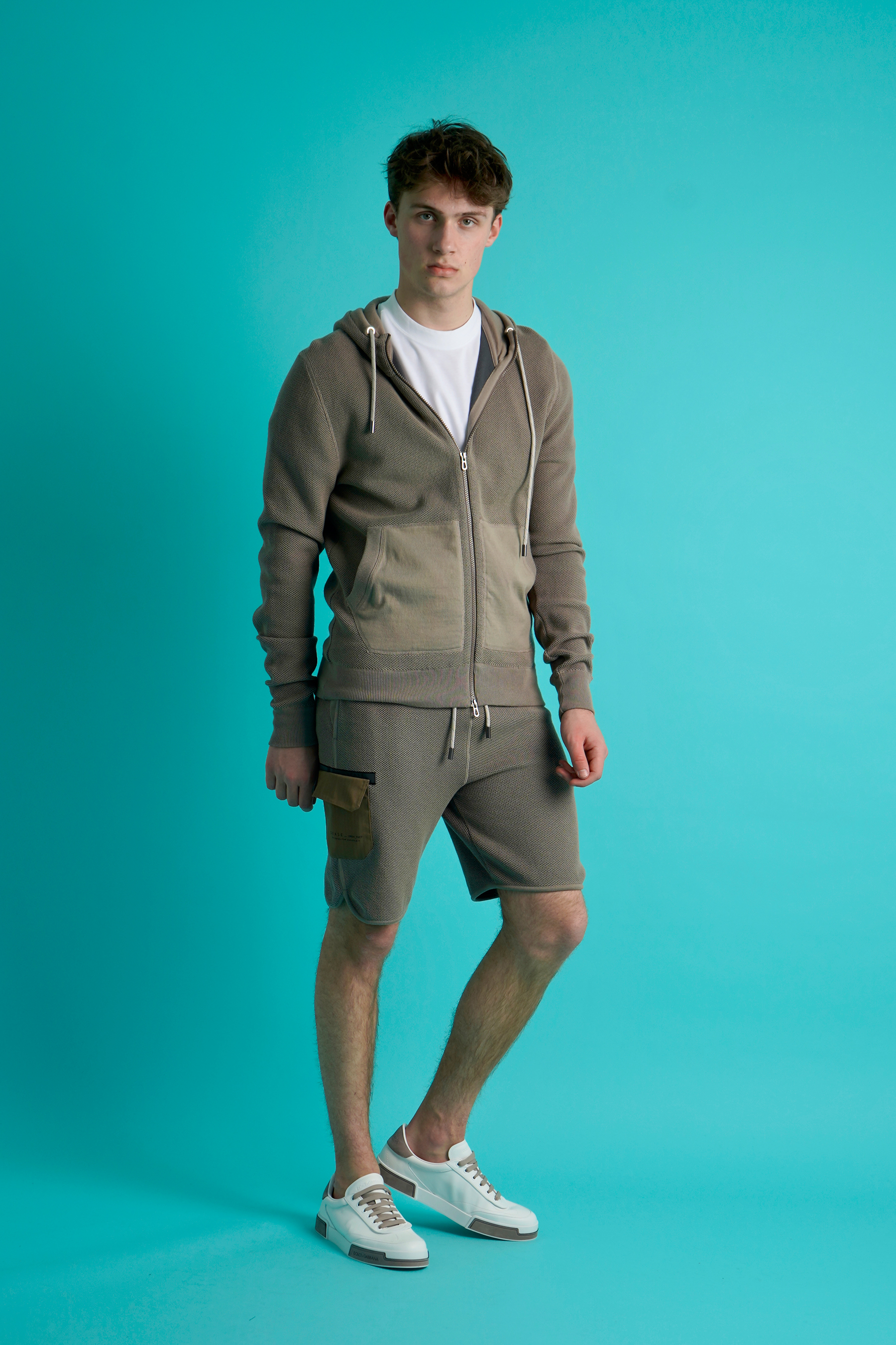 SEASE 3D Knitted Cotton Blend Zip-Up Hoodie Anzug, Kurze Hose, Mantel, Person, Schuh