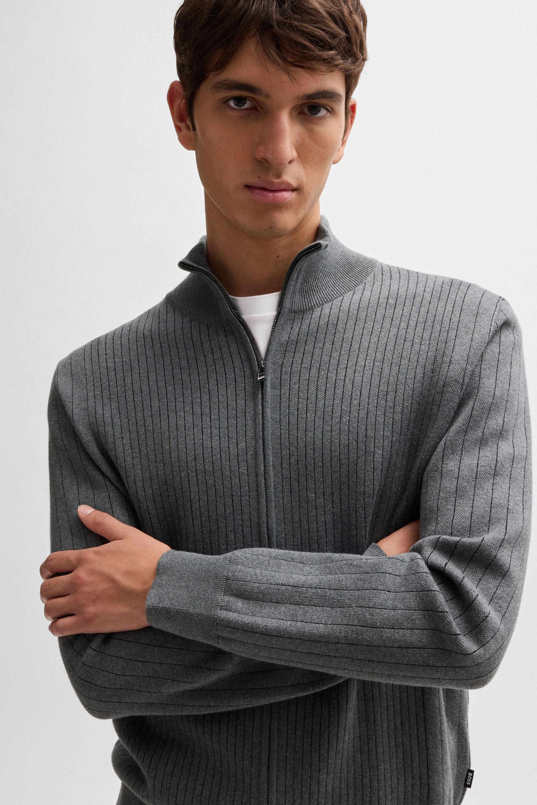 BOSS Pinstripe Cotton Zip Cardigan H-Bejino BOSS Pinstripe Cotton Zip Cardigan H-Bejino