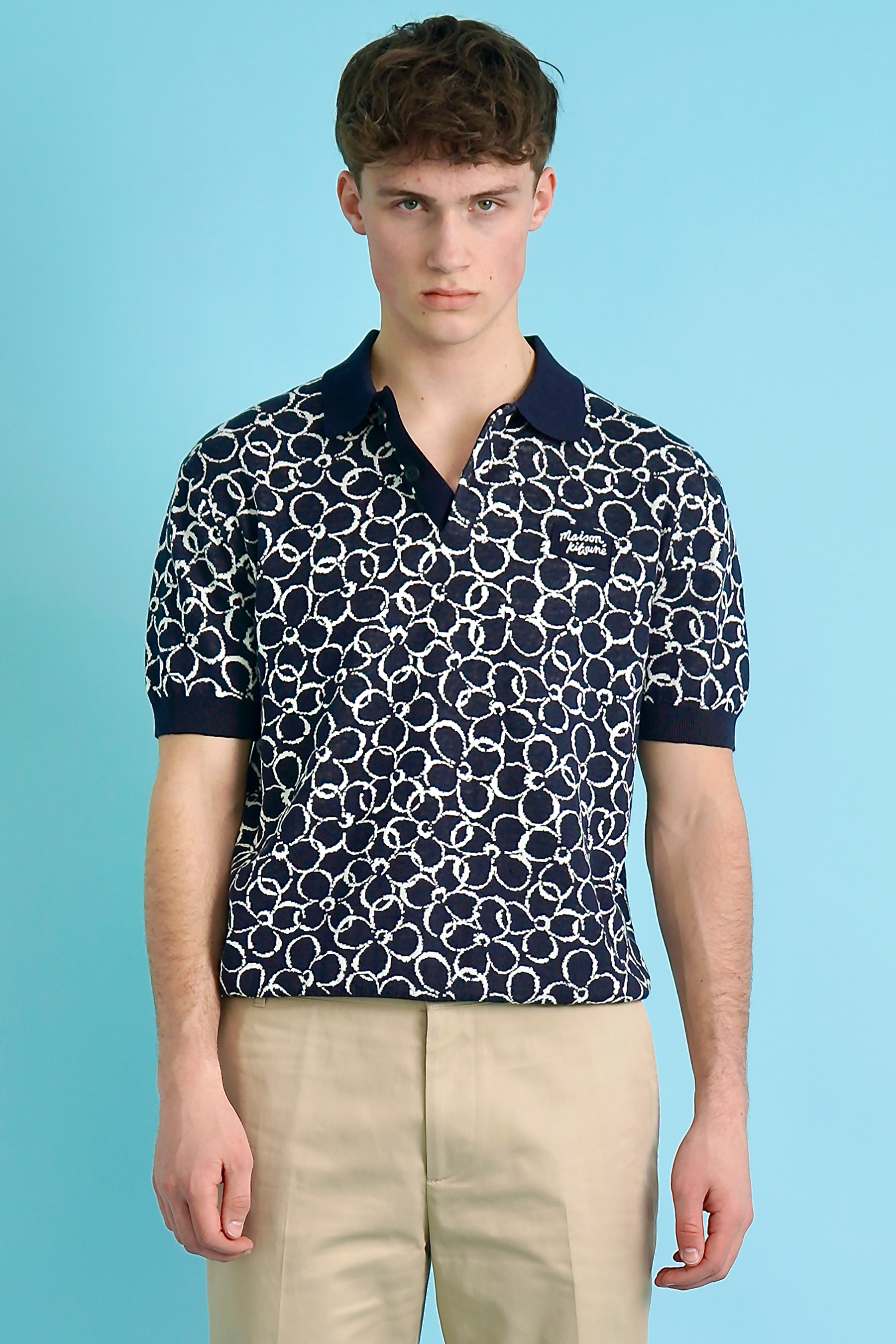 MAISON KITSUNÉ Patterned Cotton-Organic Linen Blend Knit Polo