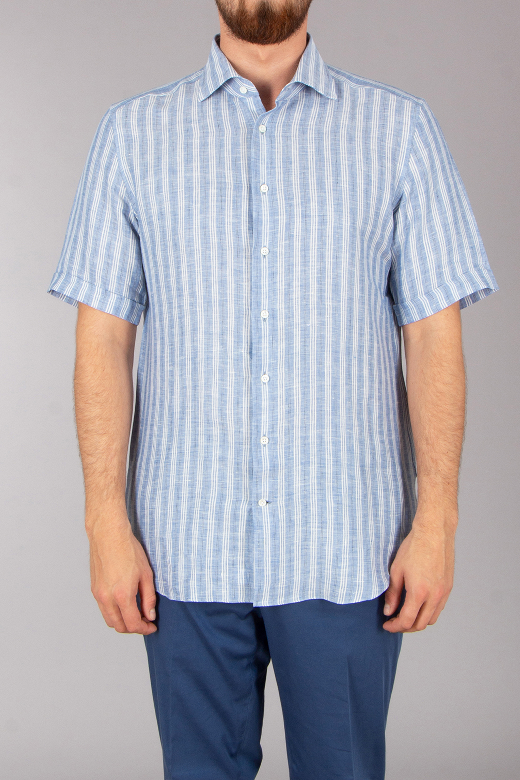 EMANUELE MAFFEIS Regular Fit Striped Linen Short-Sleeve Shirt Eduardo Gladys