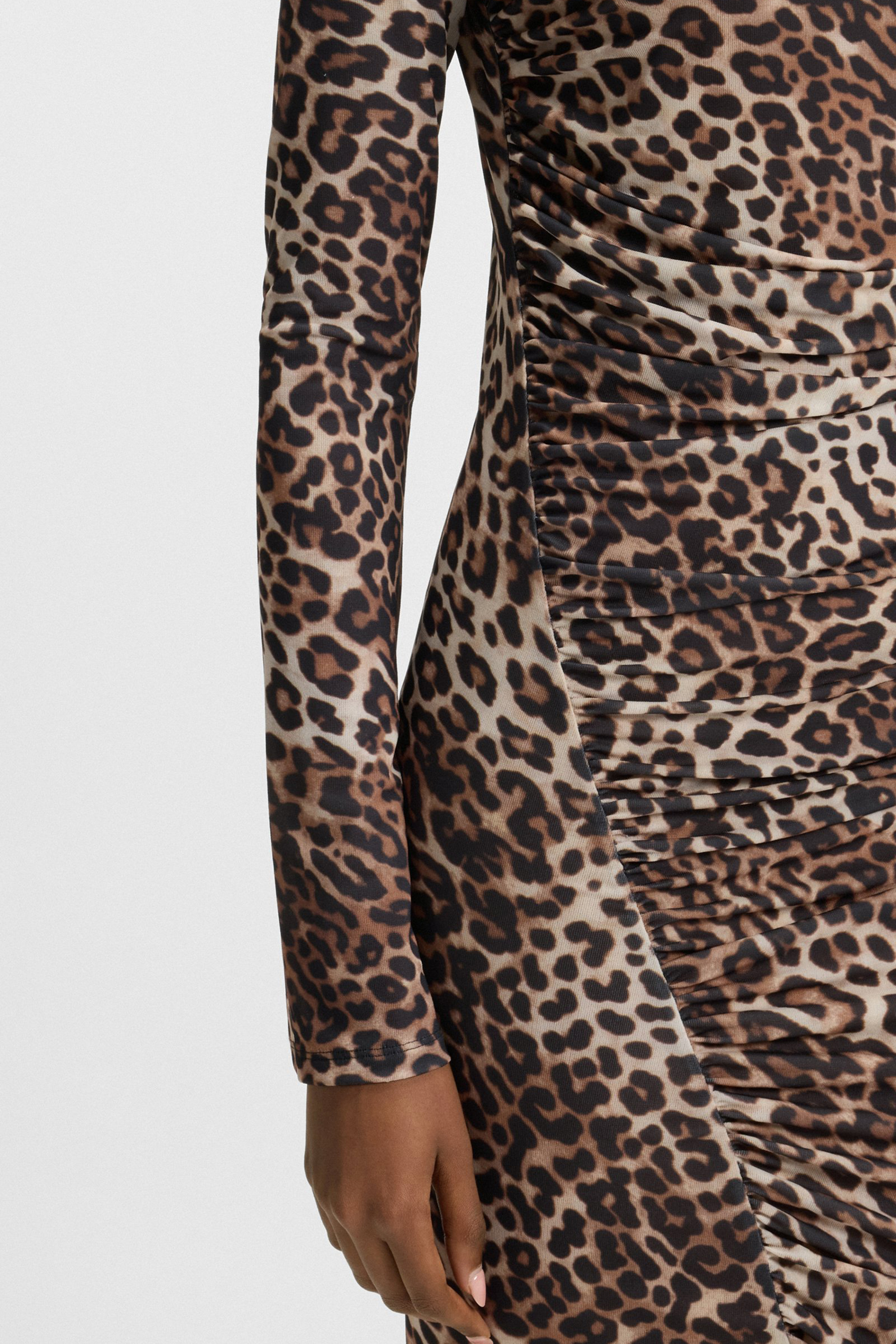 HUGO Slim Fit Leopard Print Stretch Mesh Crepe Long-Sleeve Maxi Dress Nardonnay Bekleidung, Langarm, Ärmel, Kleid, Mantel