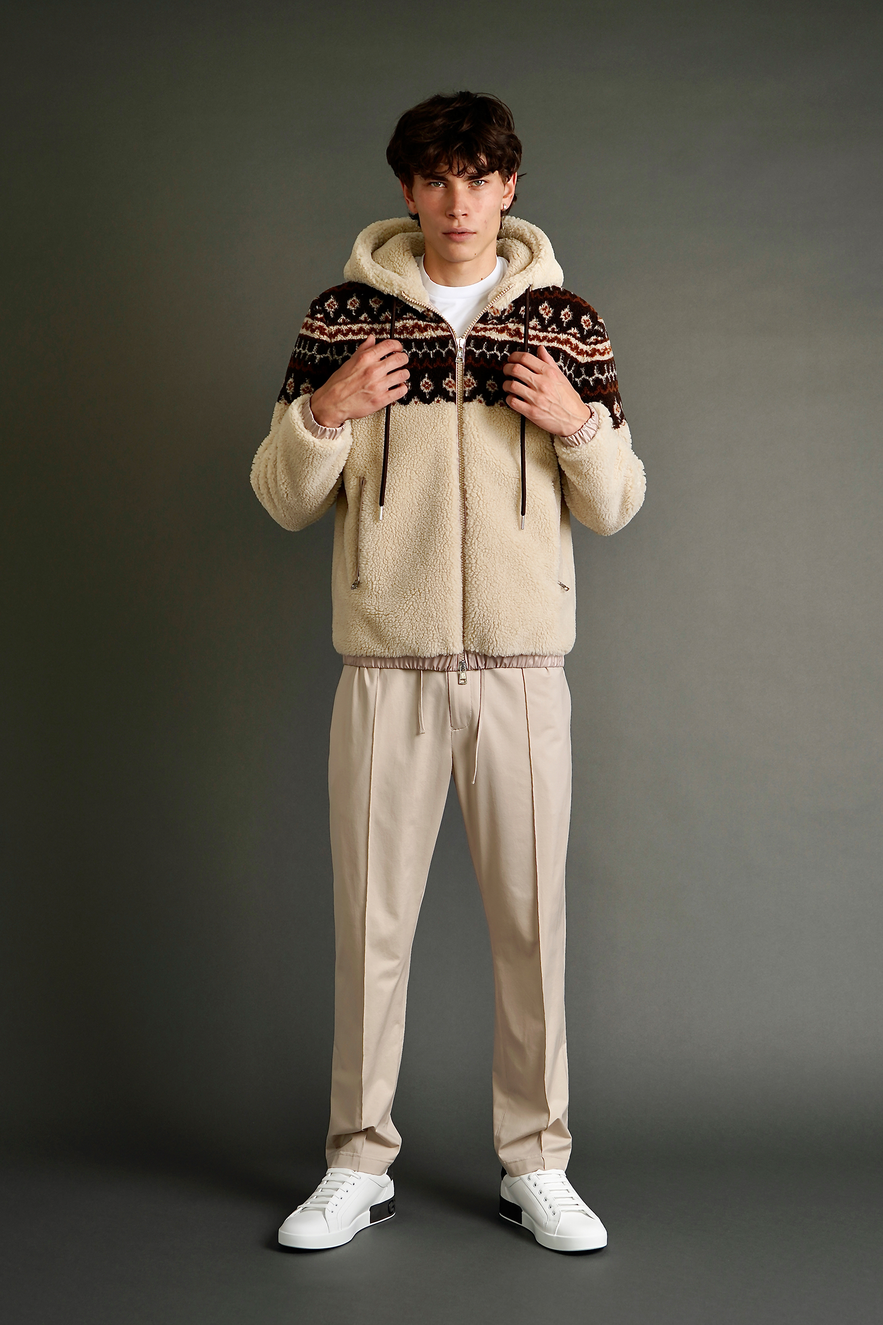 MONCLER Loose Fit Teddy Virgin Wool Blend Jacquard Zip-Up Hoodie Mantel, Pullover, Sweatshirt, Stehend, Kapuzenpulli