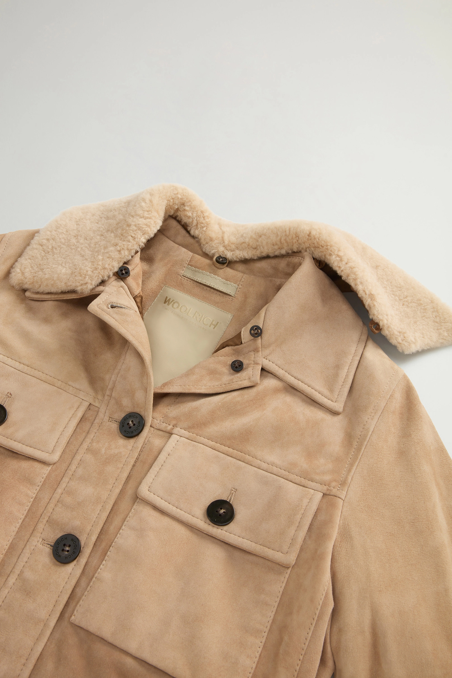 WOOLRICH Regular Fit Shearling Trim Goat Suede Jacket Amber Bekleidung, Mantel, Jacke