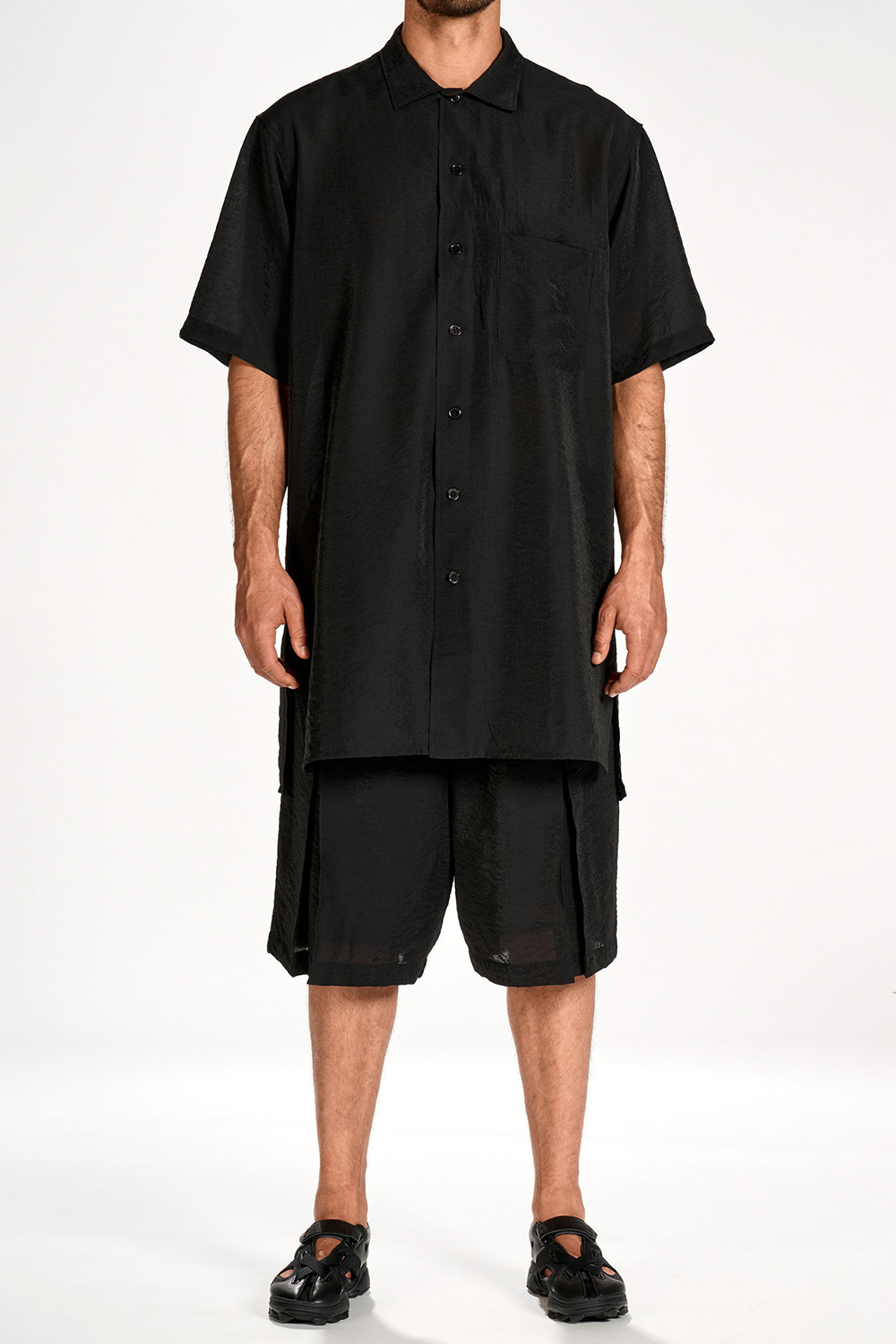 Y-3 Oversized Long Fit Viscose-Nylon-Linen Sport Uniform Short-Sleeve Shirt