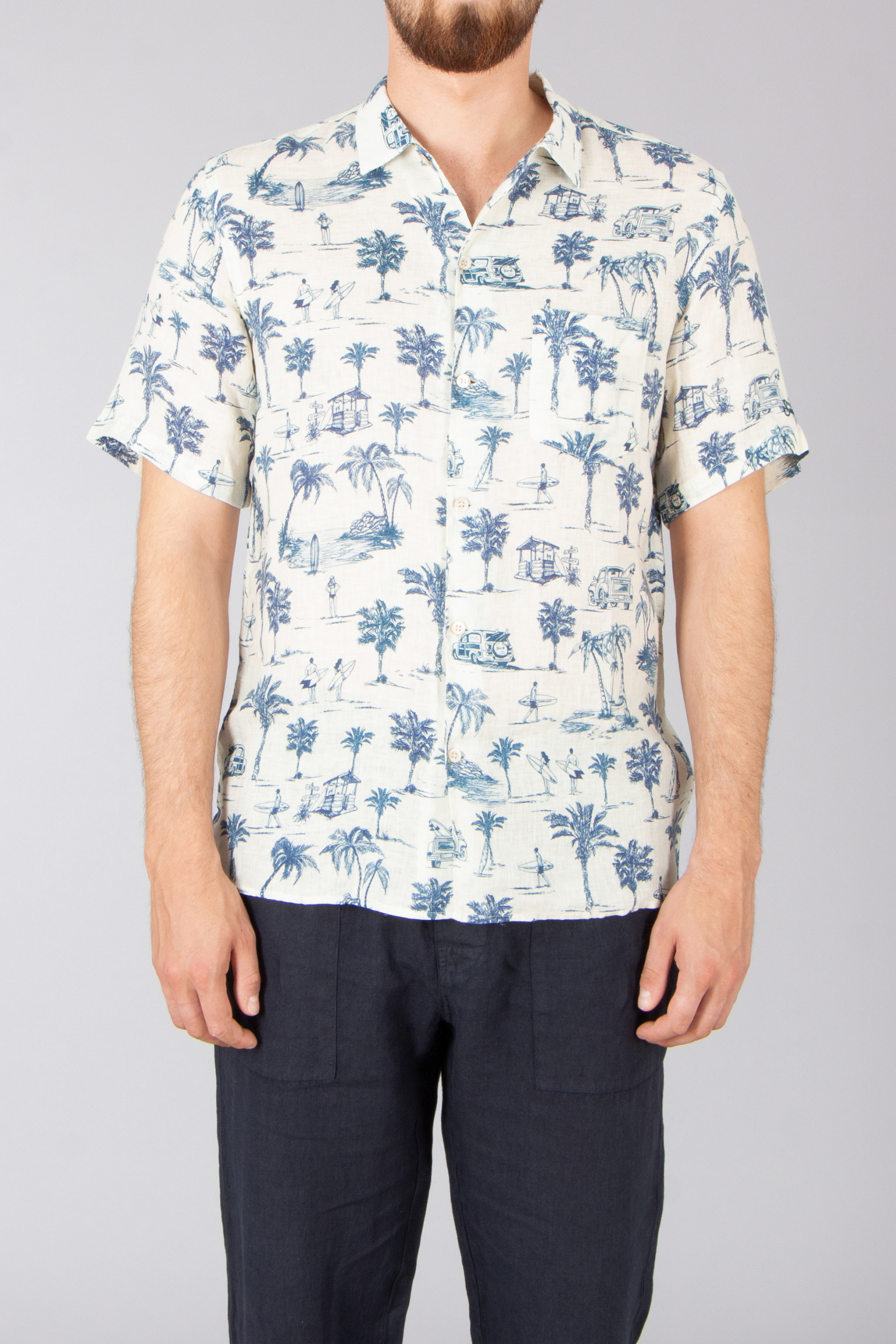 MC 2 SAINT BARTH Regular Fit Surf Beach Print Linen Short-Sleeve Shirt Sifnos