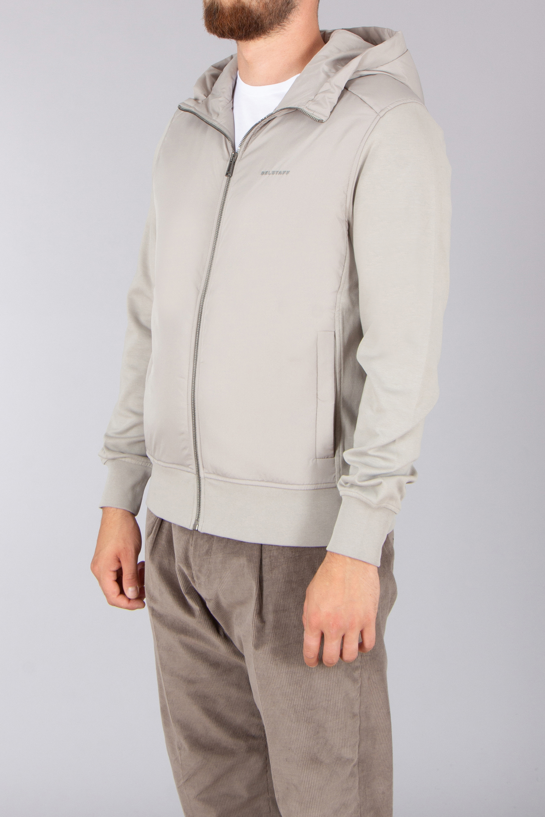BELSTAFF Regular Fit Interlock Cotton Jersey & Technical Fabric Zip-Up Hoodie Alloy BELSTAFF Regular Fit Interlock Cotton Jersey & Technical Fabric Zip-Up Hoodie Alloy