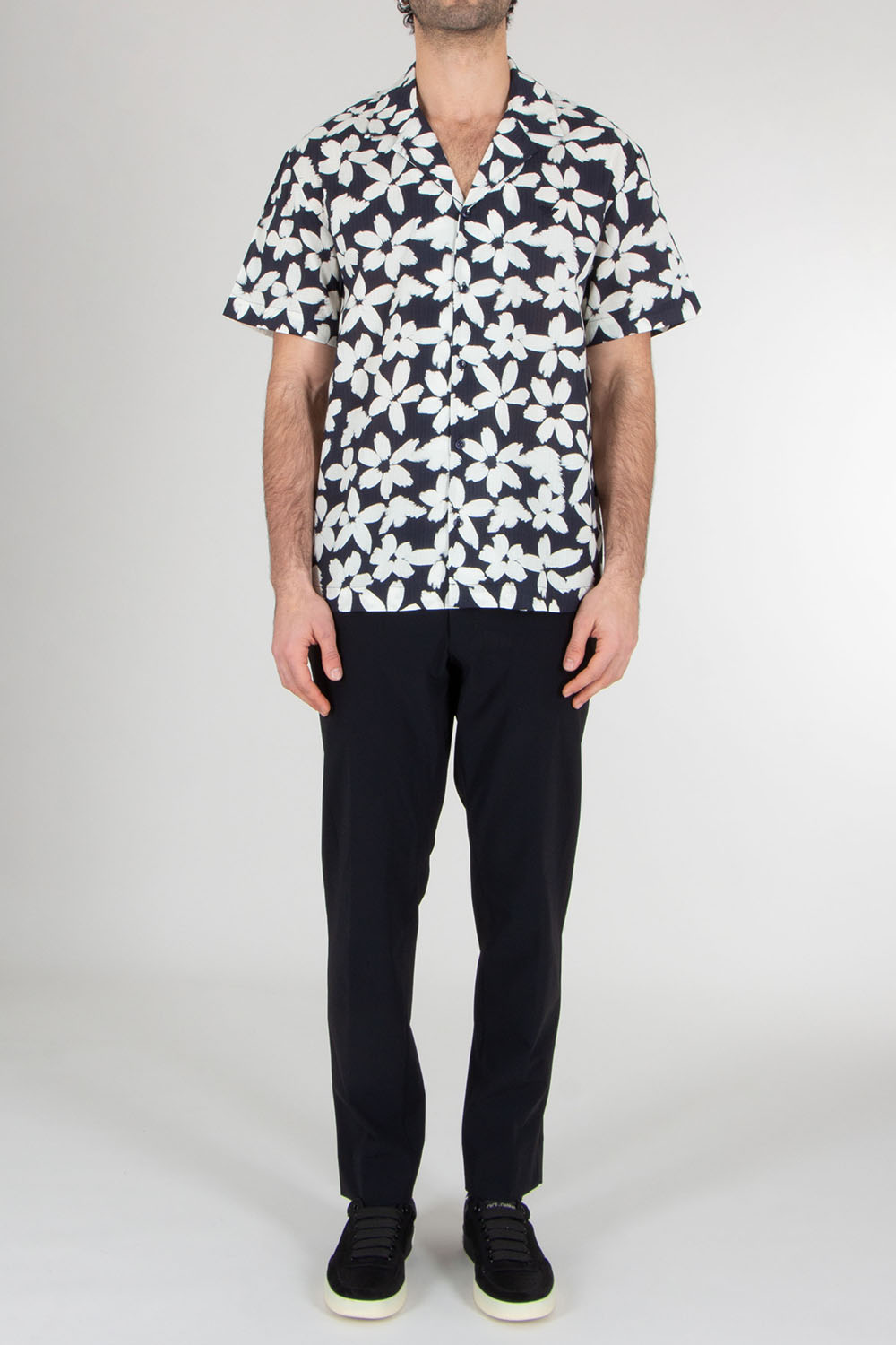 EMPORIO ARMANI Boxy Fit Eagle Flower Print Cotton Beachwear Short-Sleeve Shirt