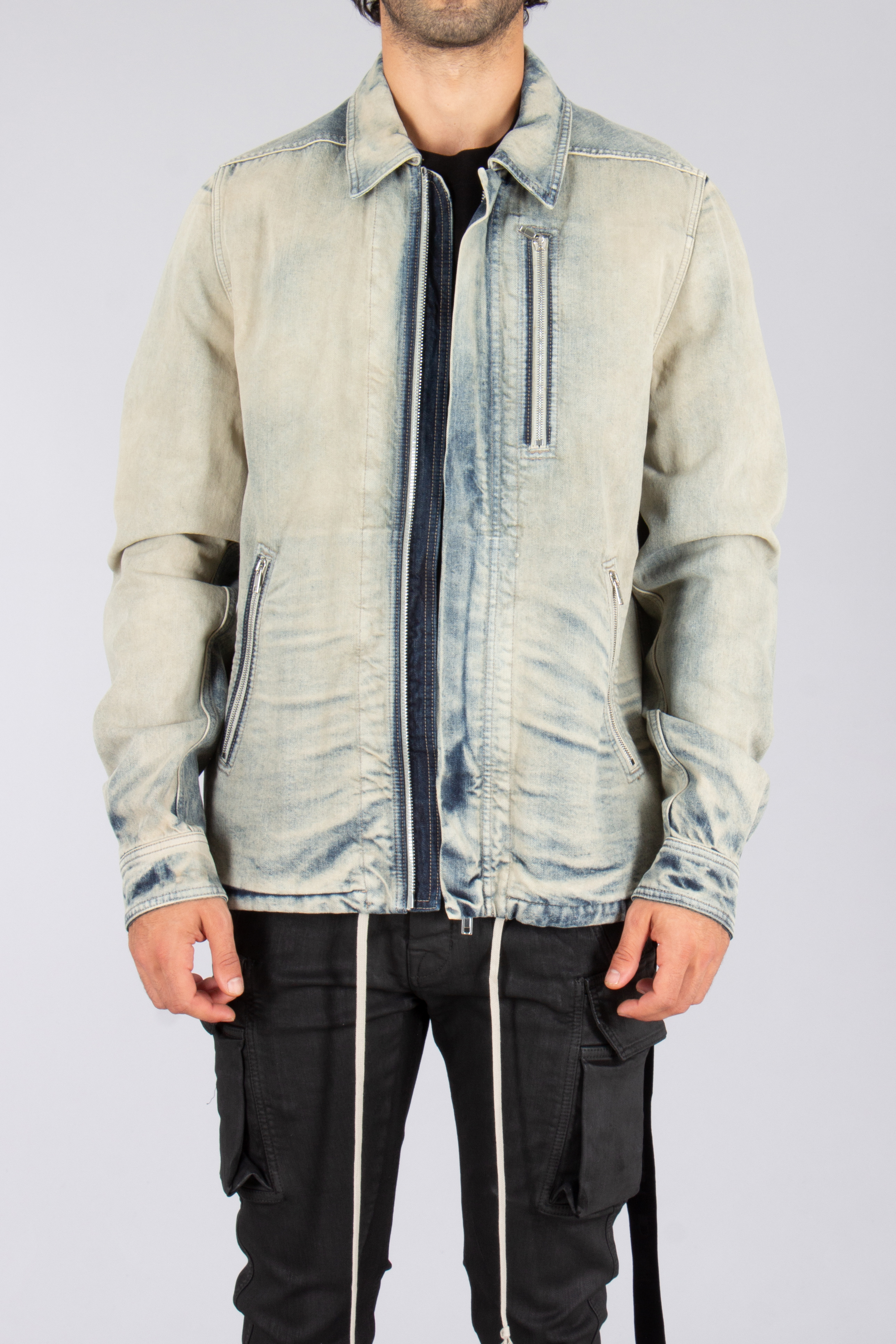 RICK OWENS DRKSHDW Regular Fit Mineral Pearl Cotton Denim Concealed Zipfront Jacket RICK OWENS DRKSHDW Regular Fit Mineral Pearl Cotton Denim Concealed Zipfront Jacket