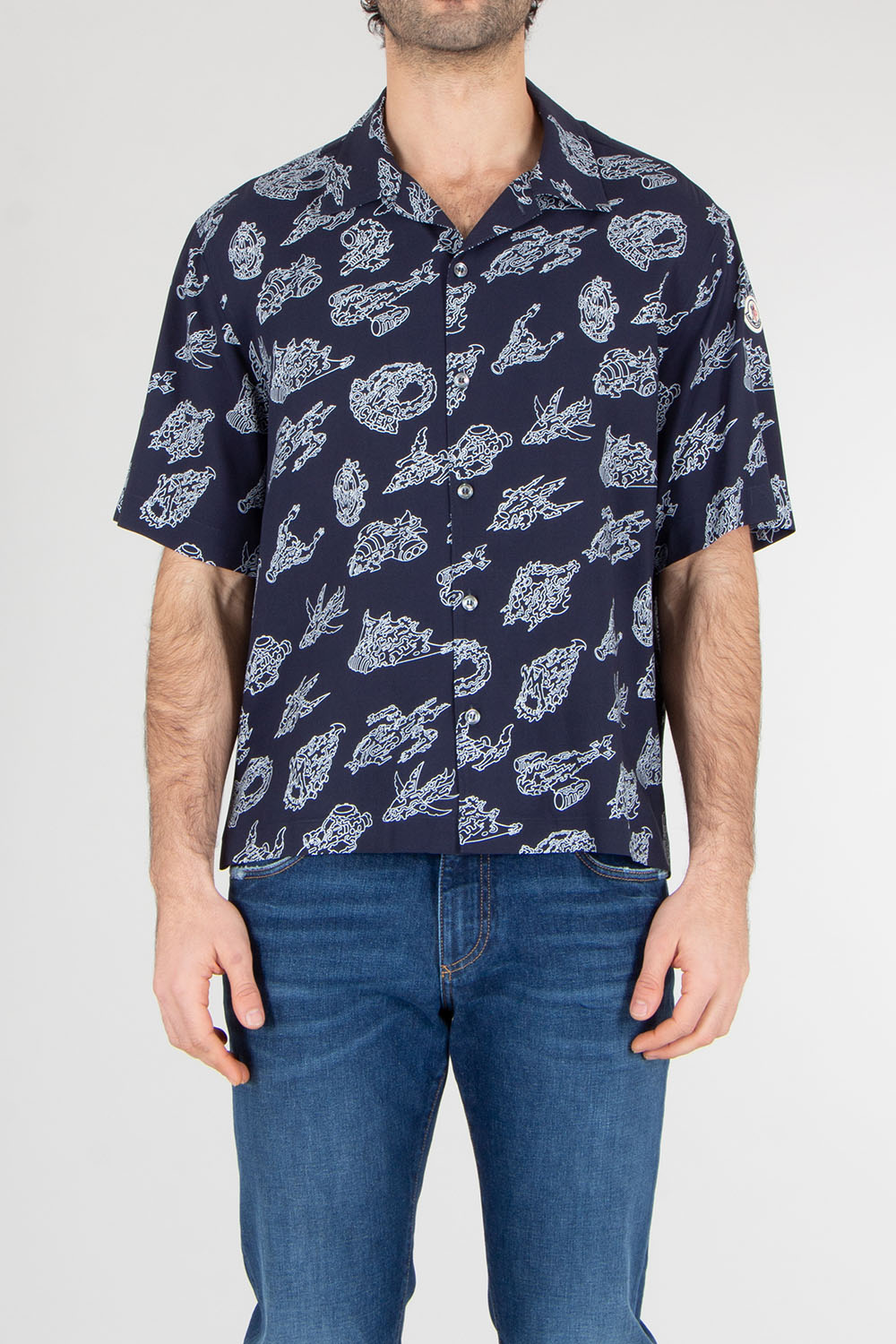 MONCLER Regular Fit Allover Print Viscose Short-Sleeve Shirt