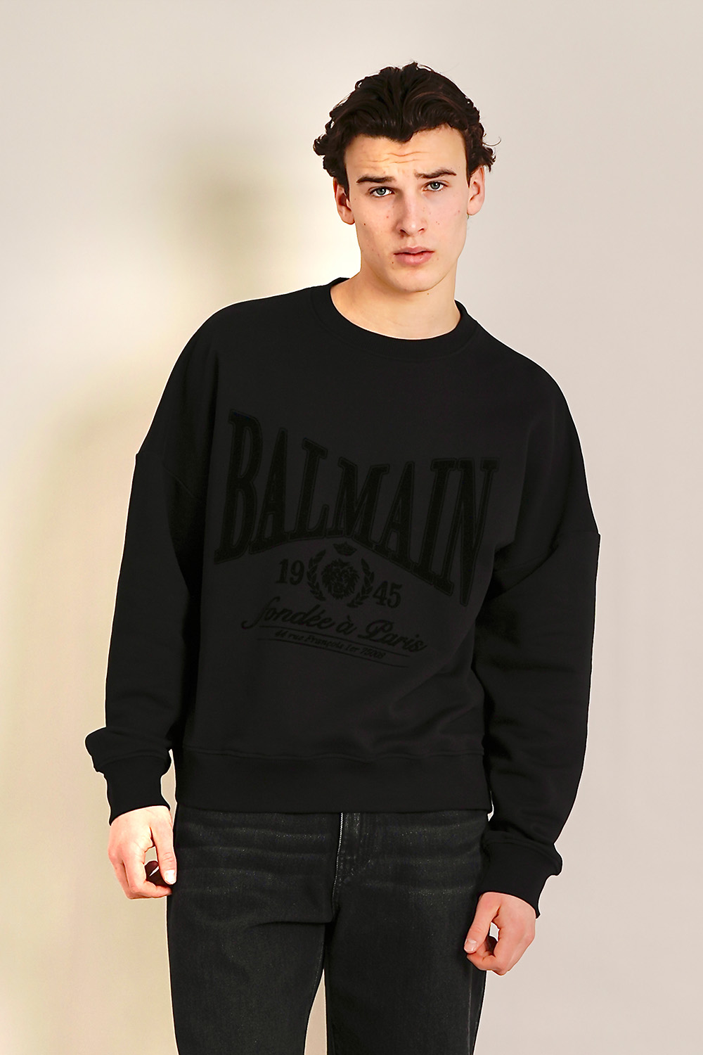 BALMAIN Relaxed Fit Flock Print Organic Cotton Jersey Sweatshirt