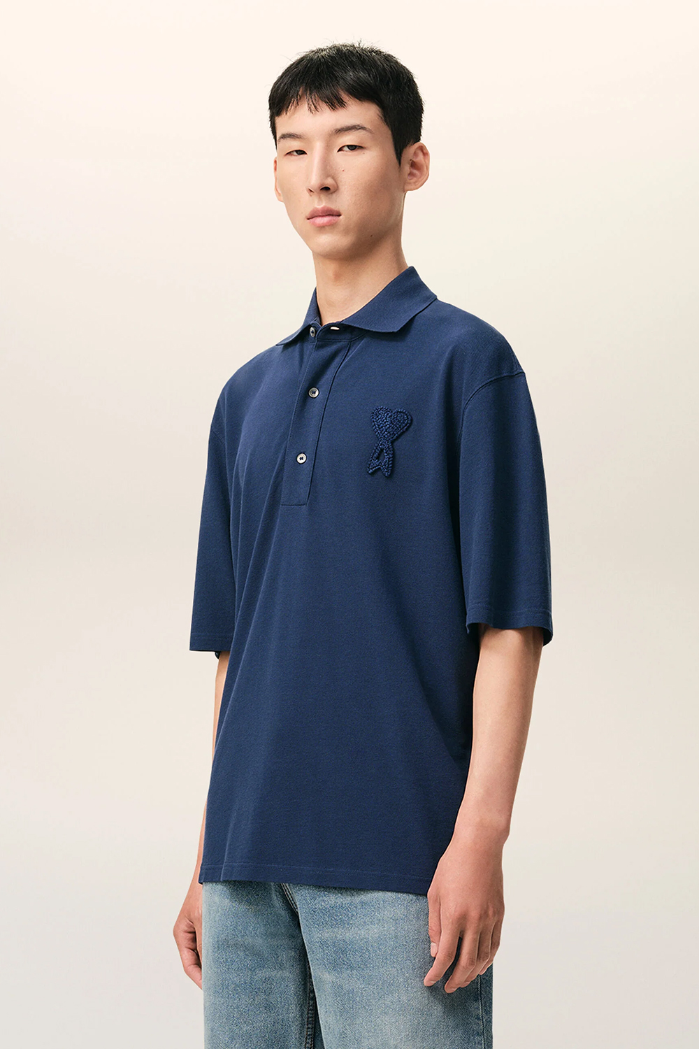 AMI PARIS Straight Fit Ami de Coeur Light Cotton Piqué Polo Shirt