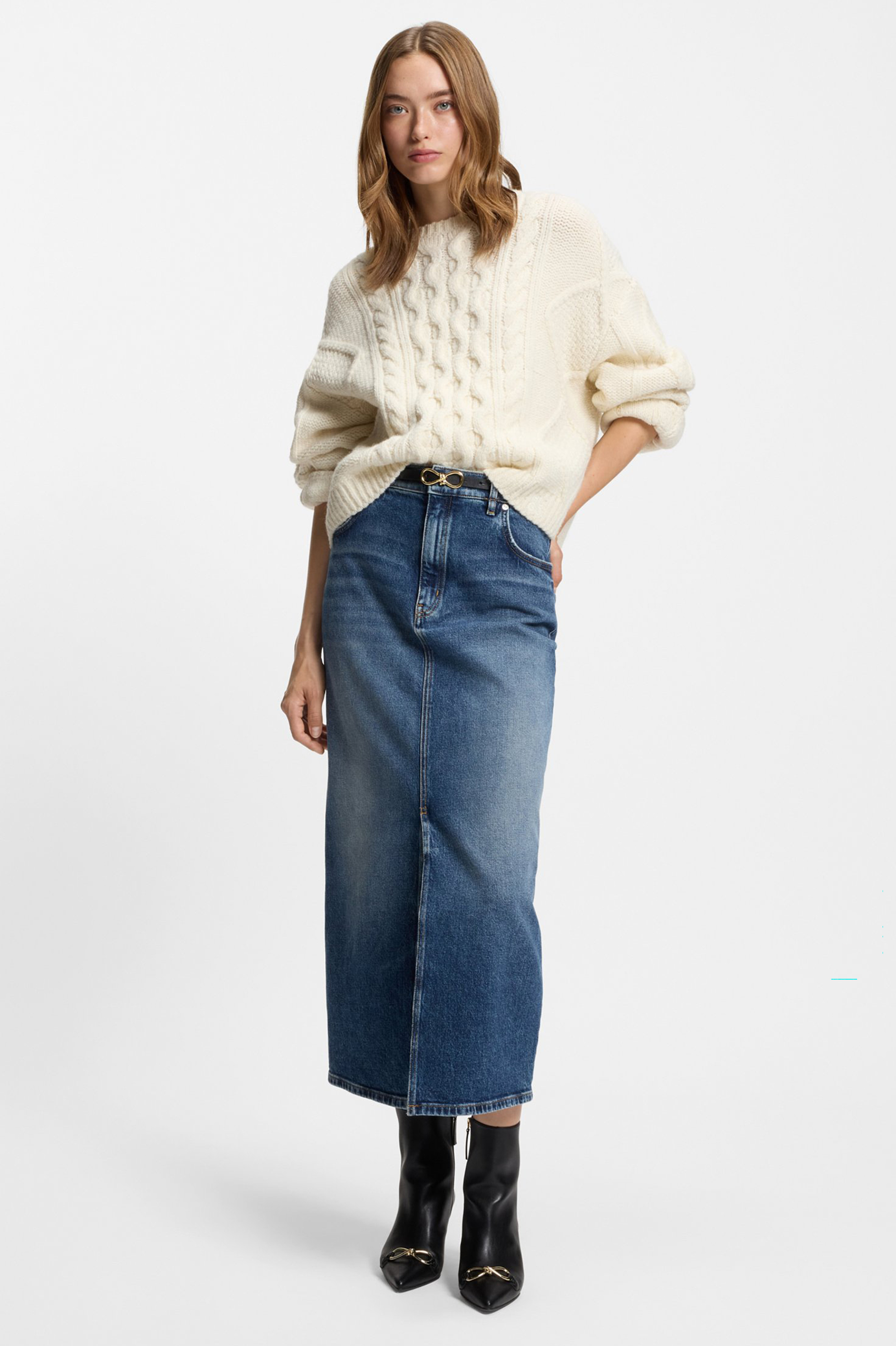 HUGO Oversized Cable Knit Alpaca-Wool Blend Crew Neck Sweater Saicos Hosen, Rock, Strickwaren, Pullover, Jeanshose