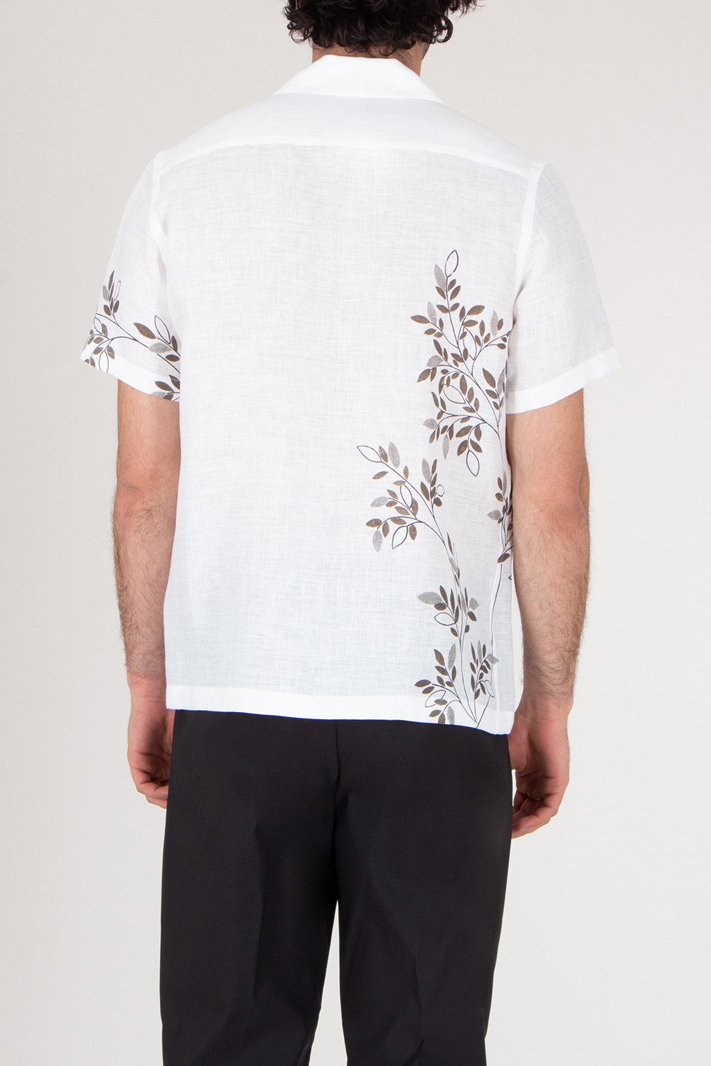 VAN LAACK Short Sleeve Olive Leaf Motif Linen Bowling Shirt