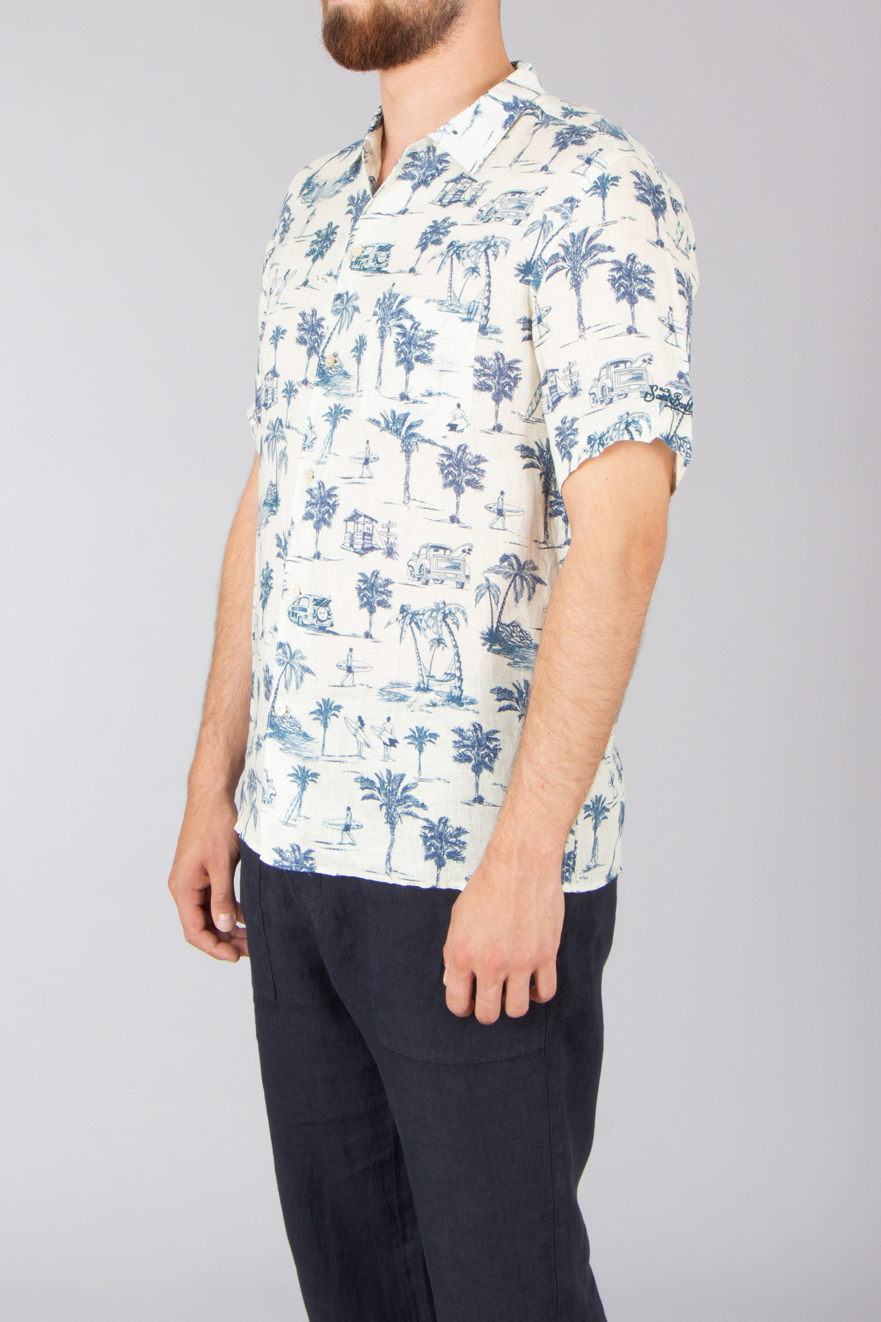 MC 2 SAINT BARTH Regular Fit Surf Beach Print Linen Short-Sleeve Shirt Sifnos MC 2 SAINT BARTH Regular Fit Surf Beach Print Linen Short-Sleeve Shirt Sifnos
