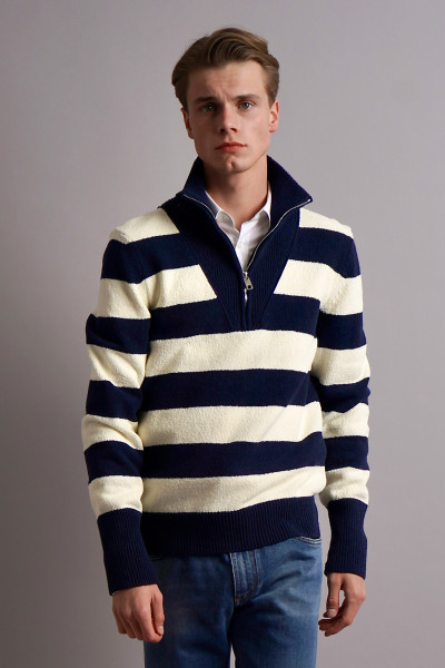 DOLCE & GABBANA Striped Cotton Nylon Blend Half Zip Sweater